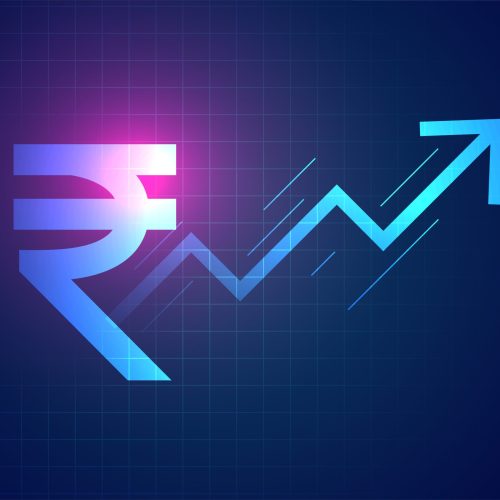 digital indian rupee rise up arrow background in trading concept vector